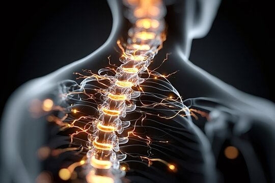 Energy flows through the human spinal cord, illuminating the vertebrae and nervous system in a 3d medical illustration depicting health, wellness, and the flow of life force