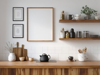 A kitchen with a wooden counter and shelves. A black tea kettle sits on the counter. A white frame with a picture of a tree sits on the counter
