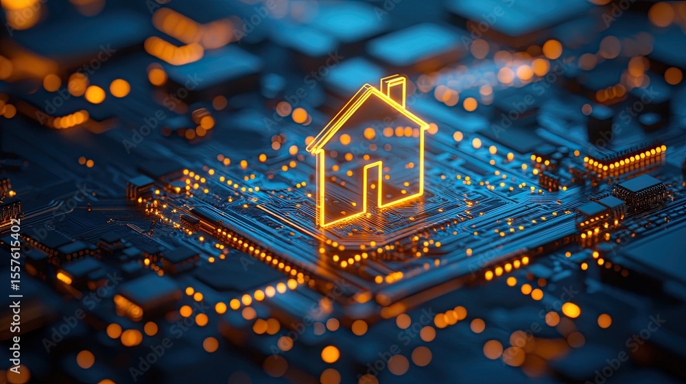 Poster smart home circuit board with tiny glowing house icon, futuristic ai home automation and internet of