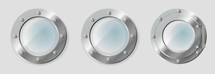 .Realistic Illustration of metal porthole of various shape on transparent background isolated vector illustration.