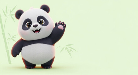 Fototapeta premium Cute 3D panda waving on green background. Adorable 3D cartoon panda waving hello on pastel green background with bamboo graphics. 
