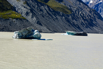 Icebergs in a Glacial Lake with Mountain Backdrop