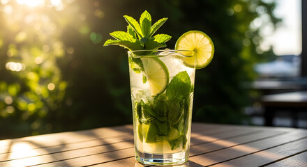 Refreshing Mojito Cocktail with Mint and Lime on an Outdoor Table at Sunset