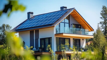 Solar energy house with rooftop solar panels, sustainable eco-friendly living and modern green power generation under blue sky