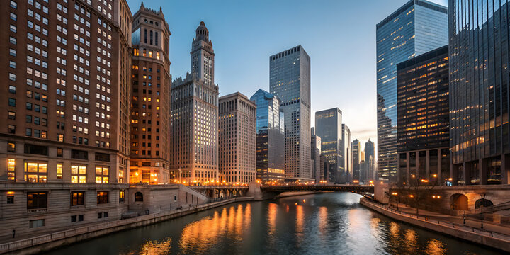 A captivating wide shot captures the chicago city skyline at twilight, with the river reflecting the warm glow of city lights illuminating the modern buildings