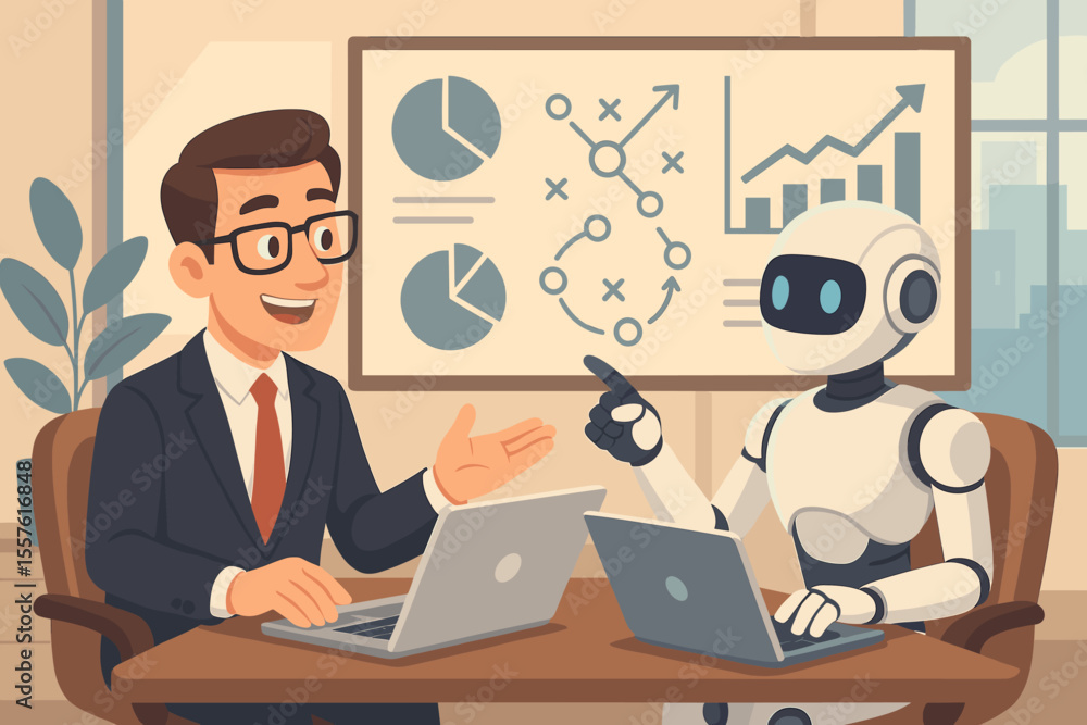Poster businessman and ai robot collaboration. partnership for business strategy. teamwork concept with hum