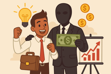 Businessman with idea gets funding from anonymous investor. Entrepreneur startup financial backing from angel investor. Venture capital concept. Shadow partner, success and money.