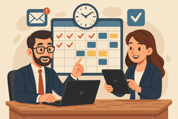 Business colleagues collaborating on project management and time planning. Teamwork concept with man and woman using laptop and tablet to organize schedule and meet deadlines. Vector.