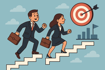 Business people climbing career ladder stairs to success. Man and woman team moving up to reach target goal and achievement. Corporate growth concept vector cartoon illustration.