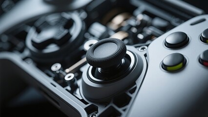 Close-up of a gaming controller showcasing the intricate details of the joystick and button layout. This captures the design and ergonomics crucial for gaming enthusiasts during use