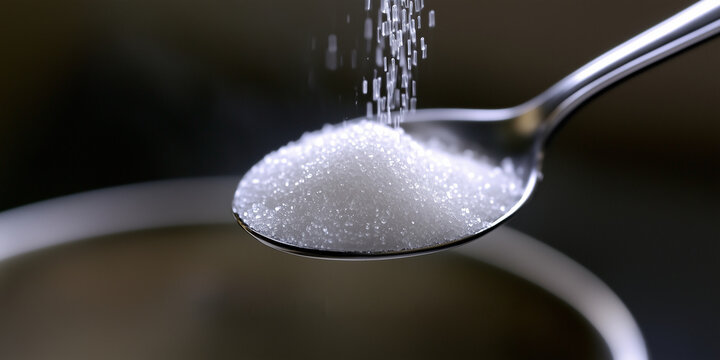 Close up view of sugar being poured from spoon, creating beautiful cascade of granules. scene captures essence of sweetness and culinary delight