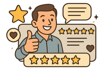 Customer review and satisfaction concept. Happy man client giving positive feedback with a thumbs up gesture. Five star quality rating for excellent service. Cartoon vector illustration.