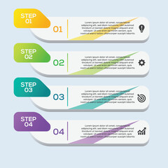 Colorful 4-step infographic with modern numbered banners and icons on light background.