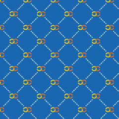 A seamless vector pattern featuring interlocking CC-style logos arranged in a diamond grid layout on a blue bg.The design uses orange,yellow for the logos,connected by white dashed lines