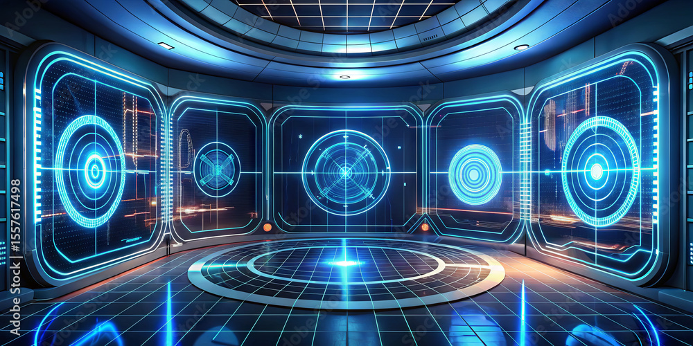 Poster inside a high-tech environment, glowing screens display intricate designs and data. the sleek, moder