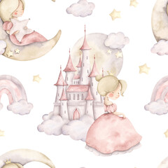 Pink dreams. Watercolor hand-drawn seamless pattern with princess on the moon, castle on the clouds, rainbow. Fairytale print for baby girl.
