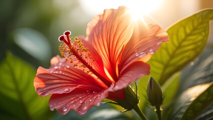 Fototapeta premium Pink Hibiscus Flower in Bloom with Sunlight and Blurred Tropical Leaves in Background