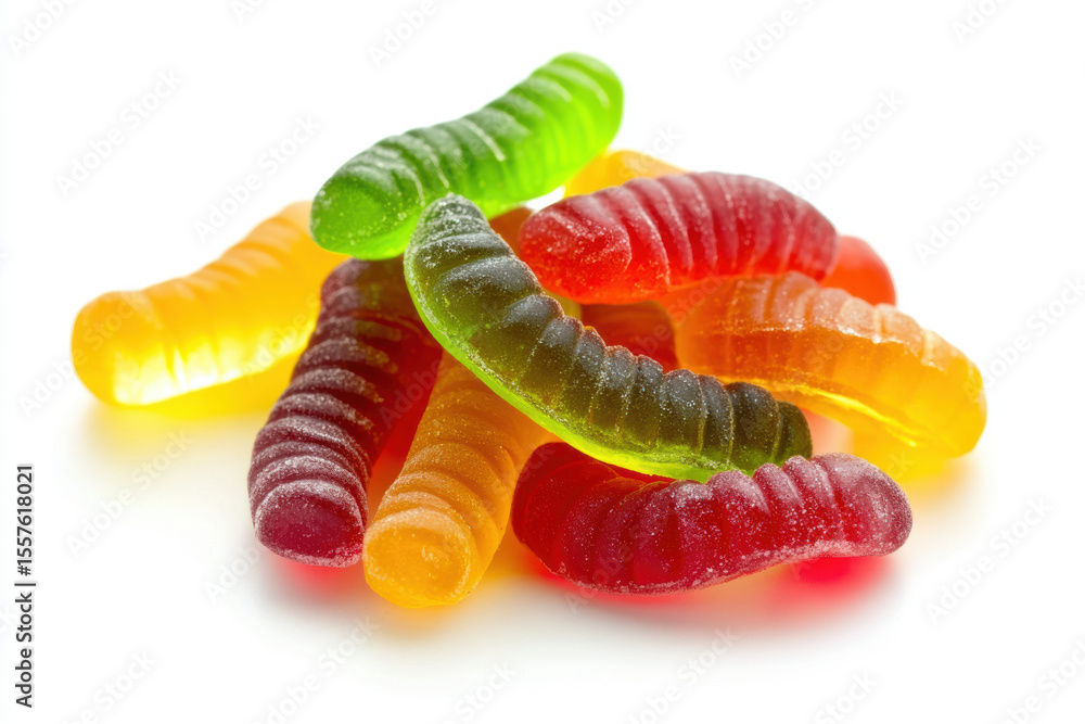 Poster assorted fruit-flavored gummy worms, bright and colorful, stacked neatly on a white background with 