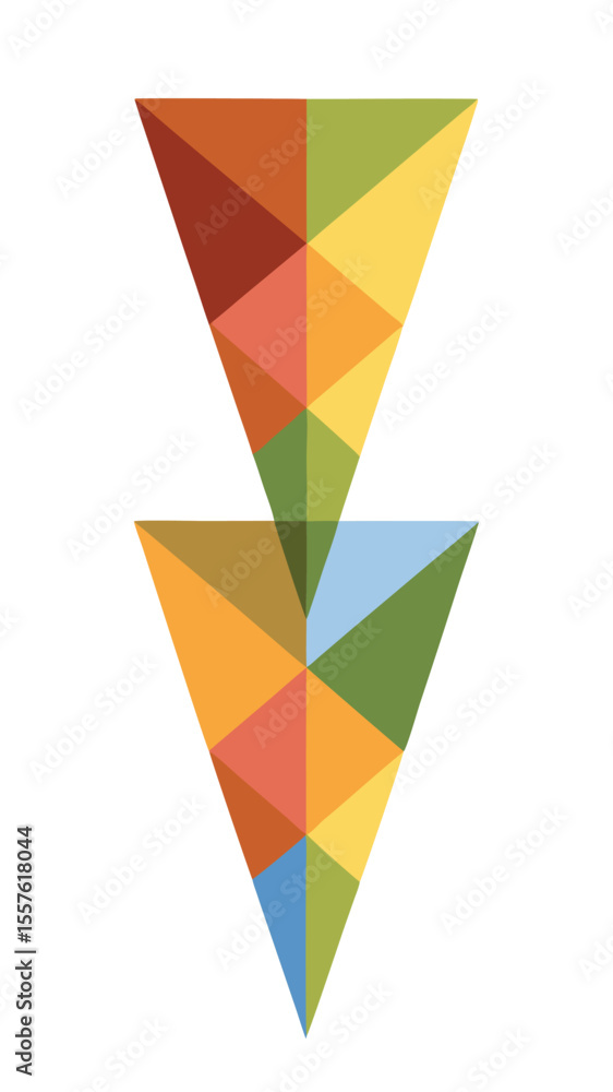 Poster abstract geometric composition of two colorful triangles with transparency on white background