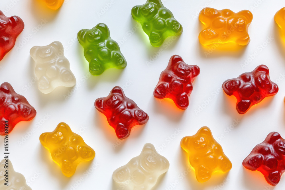 Poster assorted gummy bears in different colors and sizes, scattered randomly on a white background, with a