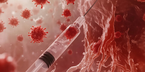 Syringe filled with red liquid is positioned near cluster of virus particles, symbolizing medical research and vaccination efforts against