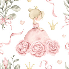 Pink dreams. Watercolor hand-drawn seamless pattern with little princess girl in pink dress, bouquet of pink roses and eucalyptus, ribbon and crown. Fairytale print for baby girl.