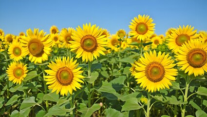 Obraz premium Vibrant Sunflower Field in Full Bloom Under Clear Blue Sky with Bright Sunlight and Natural Breeze