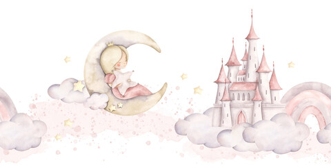 Pink dreams. Watercolor hand-drawn horizontal border with princess on the moon, fairytale castle on the clouds, rainbow and pink splashes. Seamless pattern for baby girl. Fairytale print for kids.