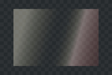 Glass plate on transparent background. Glass texture with glares and light effect with sunny red and yellow color