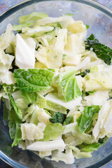 Frozen sliced cabbage defrosting in a glass bowl background backdrop. On a green marble background.