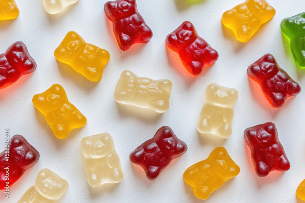Poster assorted gummy bears in different colors and sizes, scattered randomly on a white background, with a