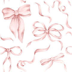 Pink dreams. Watercolor hand-drawn seamless pattern with pink bows and ribbons. Fairytale print for baby girl.