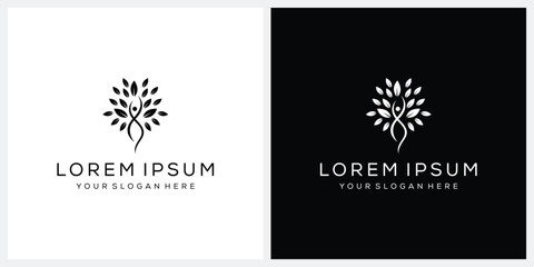 human health logo design, silhouette of a human body graphic vector, leaf nature icon concept