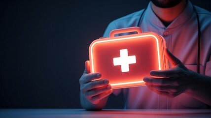 Professional Hands Holding Glowing First Aid Kit: Emergency Medical Readiness

