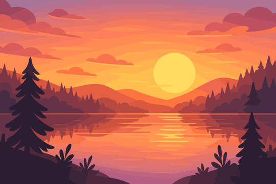 Majestic sunset over peaceful mountain lake with pine trees, glowing sky, vibrant orange clouds, scenic nature landscape, calm water reflections, tranquil wilderness vector illustration