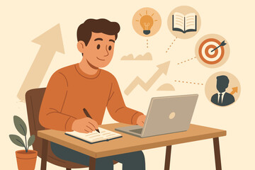 Young man studying at desk with laptop and notebook, learning new skills for career growth and professional development, goal achievement, education, business success, motivation, vector illustration