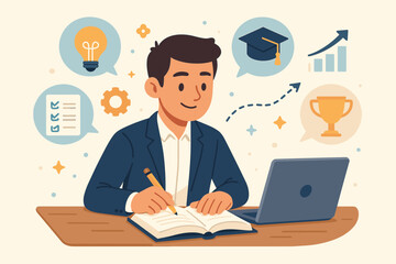 Ambitious young man studying for career success, professional development, skill improvement, goal achievement, business education, personal growth, motivation, learning process concept illustration