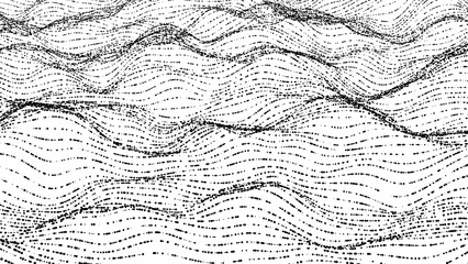 Abstract Digital Terrain Grid of Flowing Black Dots on White.