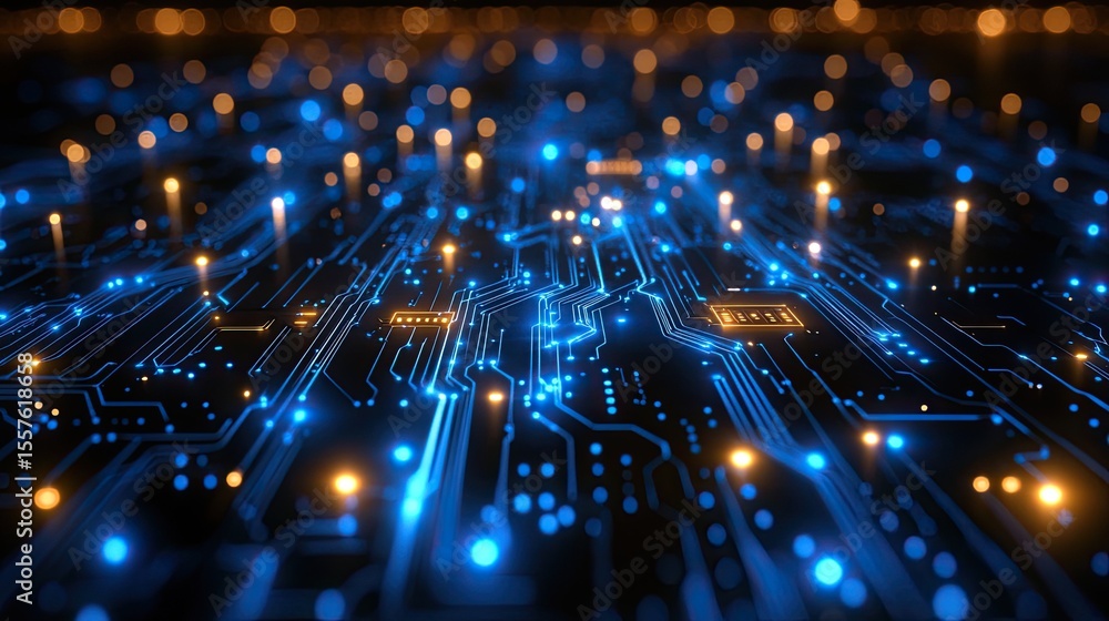 Aufkleber tech circuit line drawing with glowing blue outlines illustrating complex digital circuit paths and 