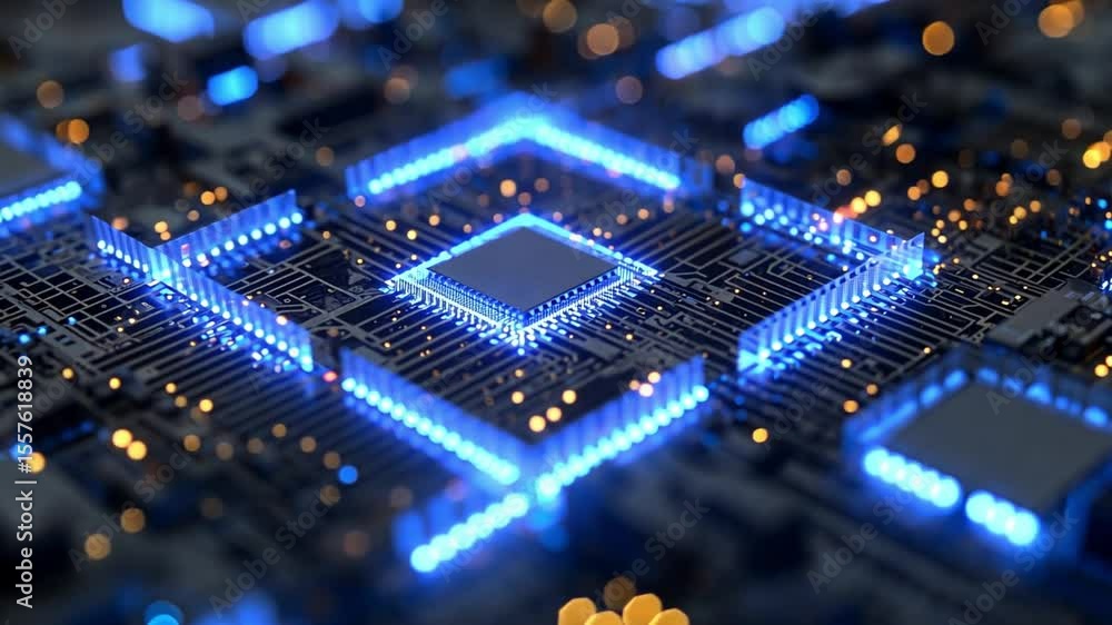 Poster Digital Circuitry Brilliance: A stunning, close-up view unveils an intricate computer circuit board illuminated with vibrant, electric-blue light, illustrating technological advancement