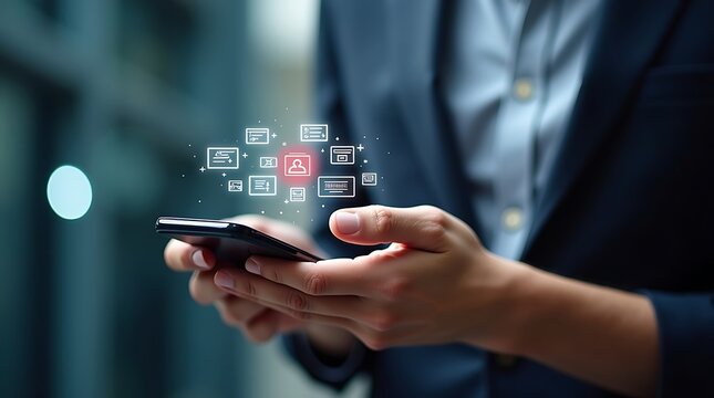 A hyper realistic image captures a person interacting with a smartphone displaying digital ads, illustrating effective online advertising and optimized customer engagement.