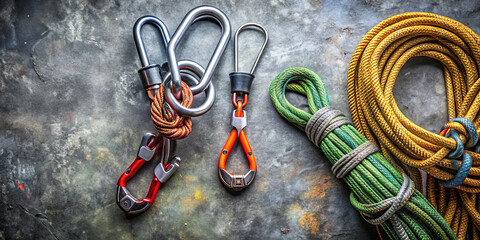 A selection of climbing equipment is arranged neatly on a rugged surface