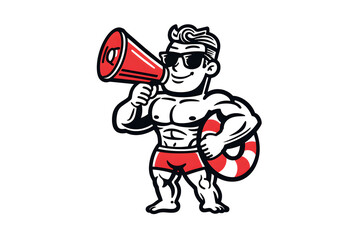Energetic retro lifeguard mascot with a megaphone and lifebuoy. A fun and classic illustration for beach resorts, summer events, or safety campaigns.