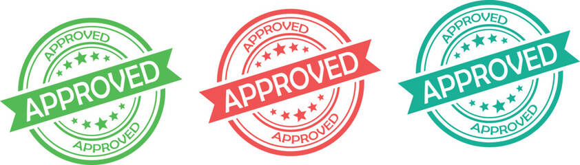 Colorful approved rubber stamp set in red, green, and blue for document and product validation