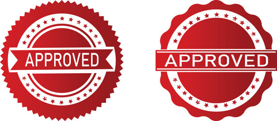 Red approved badge set with ribbon banner in round rubber stamp 