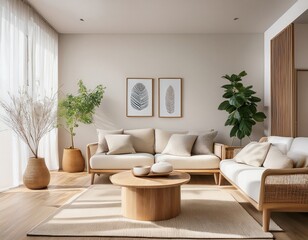 A Scandinavian-style lounge with light oak furniture, neutral tones, clean lines, and minimalist wall art