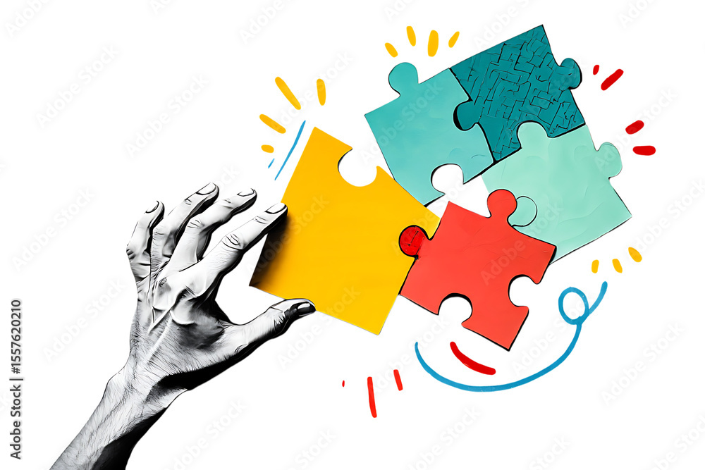 Poster hand connecting colorful puzzle pieces isolated on a transparent background connection solution