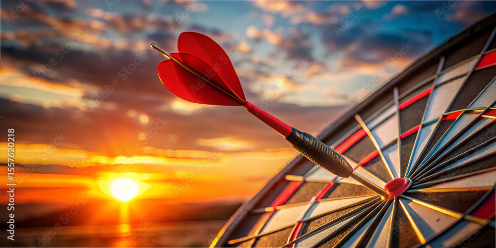 Poster a red dart strikes the bullseye on a dartboard during a vibrant sunset, creating an engaging scene f