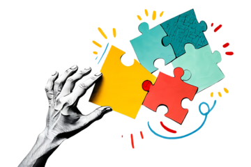 Hand Connecting Colorful Puzzle Pieces isolated on a transparent background connection solution