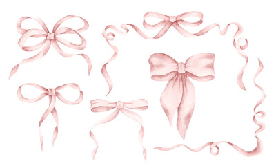 Pink dreams. Watercolor hand-drawn clip-art with pink bows and ribbons. Fairytale illustration for baby girl. For design baby shower, birthday, girls's parties and nursery.
